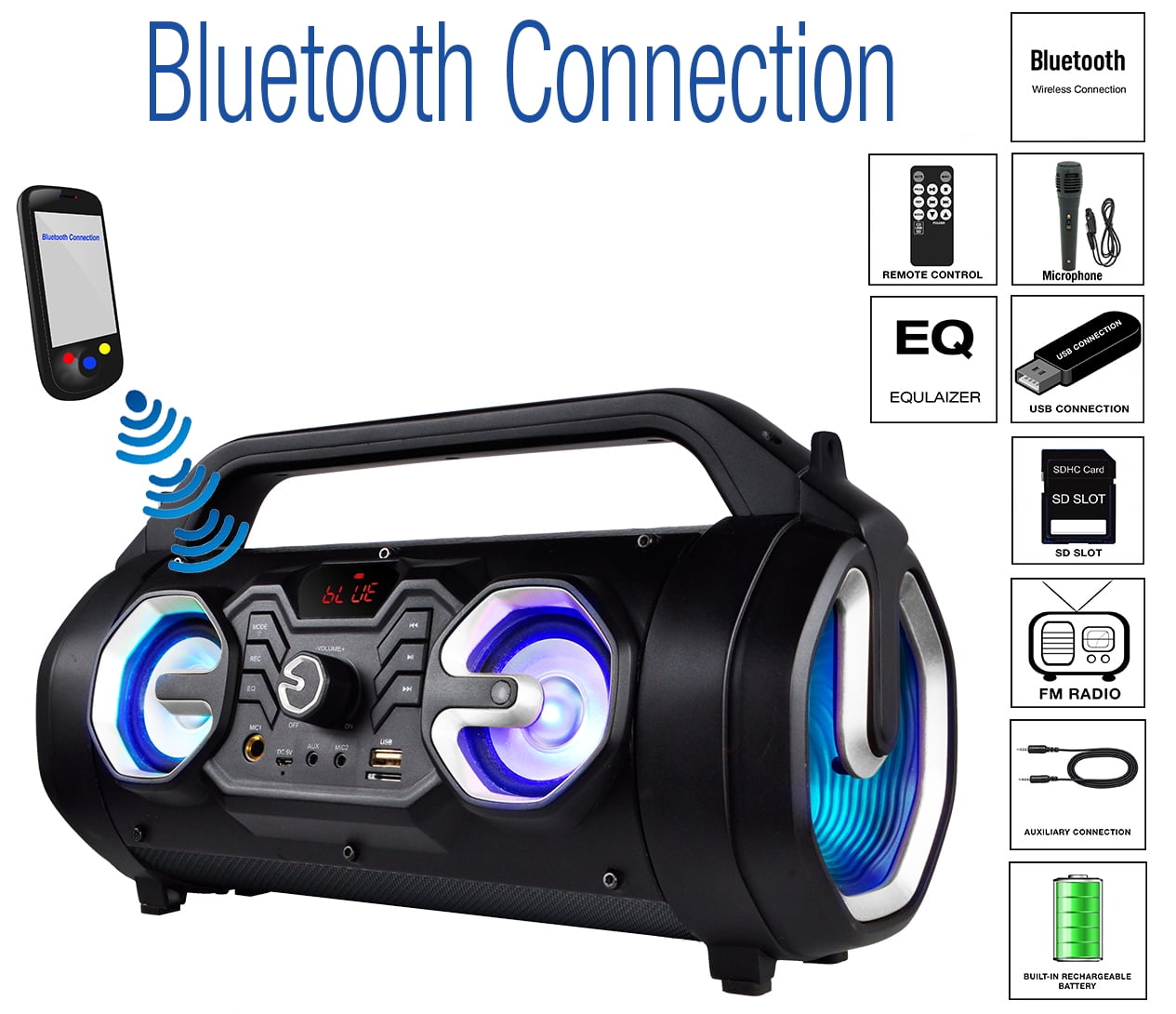 Boytone BT-16S Portable Bluetooth Boombox Speaker, Indoor/Outdoor, 25W, Loud Sound, Deeper Bass, EQ, 5" Subwoofer, 2 x 3 Tweeter, FM, 9H Playtime, USB, Micro SD, AUX, Microphone, Recording, LED Light