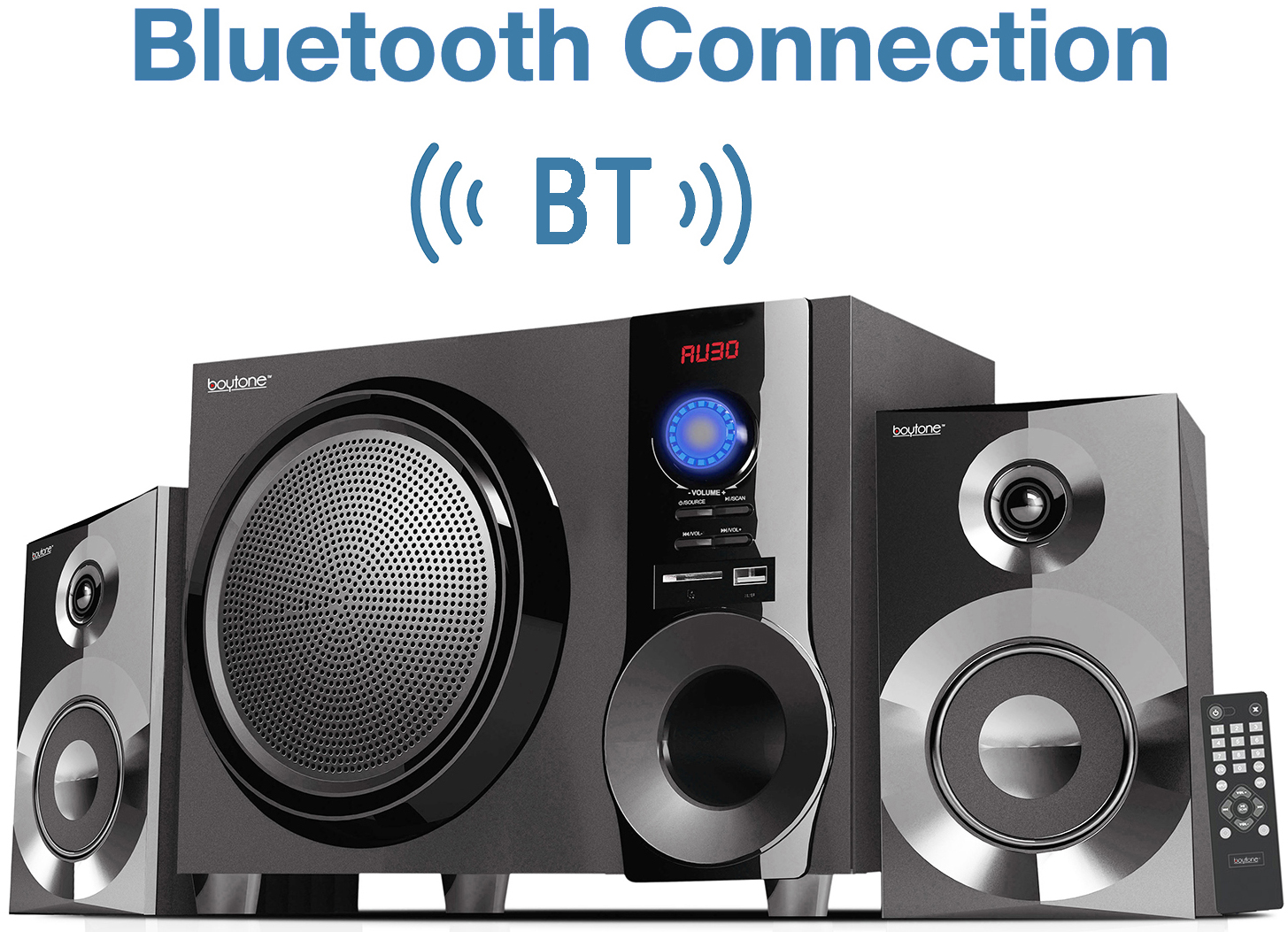 Boytone BT-225FB Wireless Bluetooth Stereo Audio Speaker Bookshelf System, Powerful Bass, Treble, Clear Sound, FM Radio, USB/SD/RCA Input, Output, for Phone's, Laptops, DVD Player, 60W - image 1 of 5