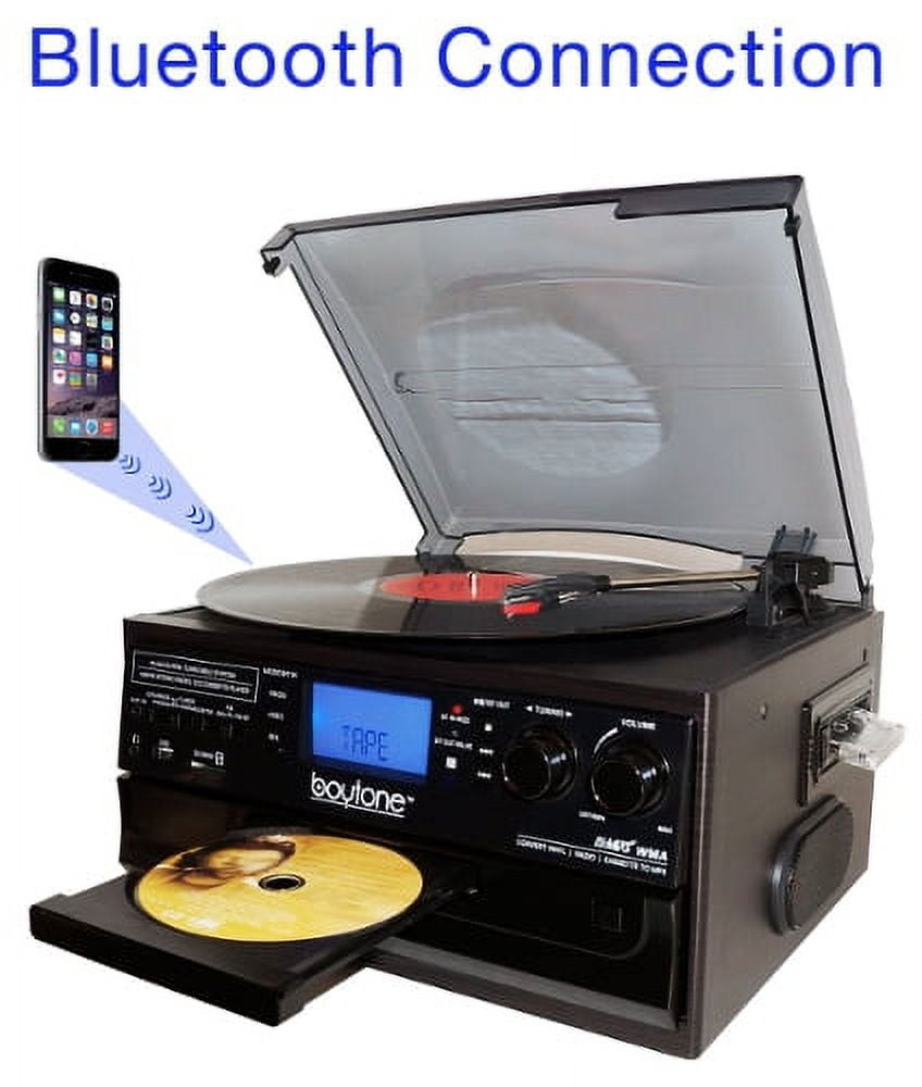 Boytone BT-22B Bluetooth Record Player Turntable, AM/FM Radio, Cassette, CD Player, 2 built in speaker Boytone BT-22B Bluetooth Record Player Turntable, AM/FM Radio, Cassette, CD Player, 2 built in speaker