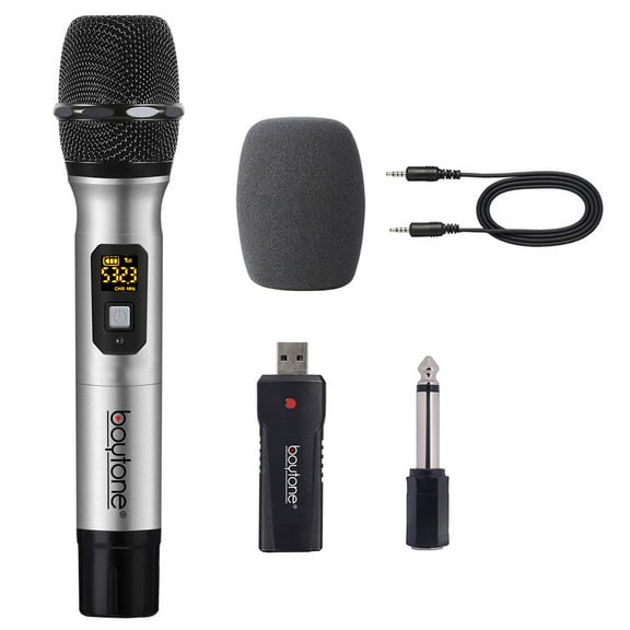 Boytone BT-26UM Dynamic Wireless Microphone Metal Handheld Mic, UHF with 30 different frequency, Mini USB Receiver, 200ft Range, Stage, Church, Karaoke, Aluminum travel carrying case, Mic foam.