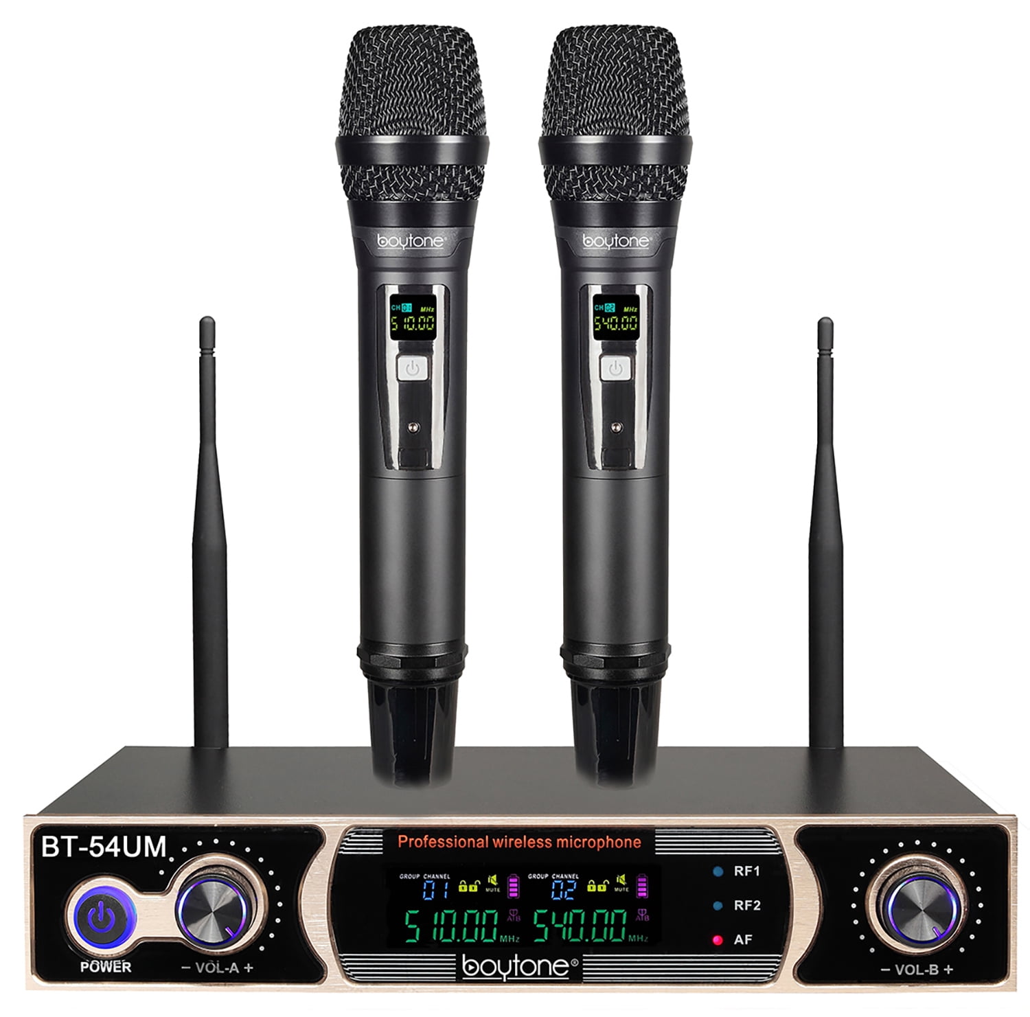 Boytone BT-54UM Dual Dynamic UHF Wireless Microphone System, Metal Cordless Mic and base Set, Long Distance 196 Ft,16 Hours Continuous Use for Concert, Studio, Family Party, Church, Karaoke