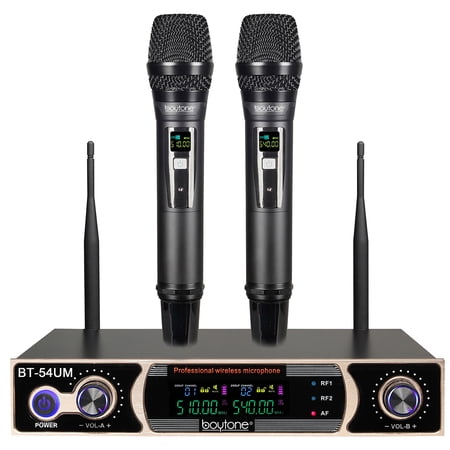 Boytone BT-54UM Dual Dynamic UHF Wireless Microphone System, Metal Cordless Mic and base Set, Long Distance 196 Ft,16 Hours Continuous Use for Concert, Studio, Family Party, Church, Karaoke