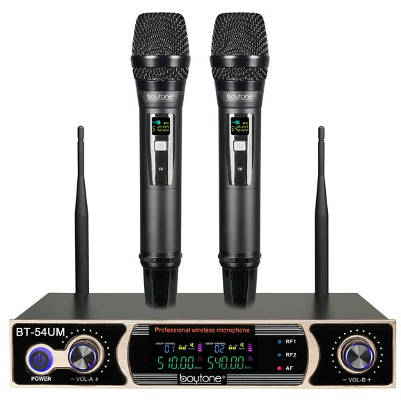 Boytone BT-54UM Dual Dynamic UHF Wireless Microphone System, Metal Cordless Mic and base Set, Long Distance 196 Ft,16 Hours Continuous Use for Concert, Studio, Family Party, Church, Karaoke