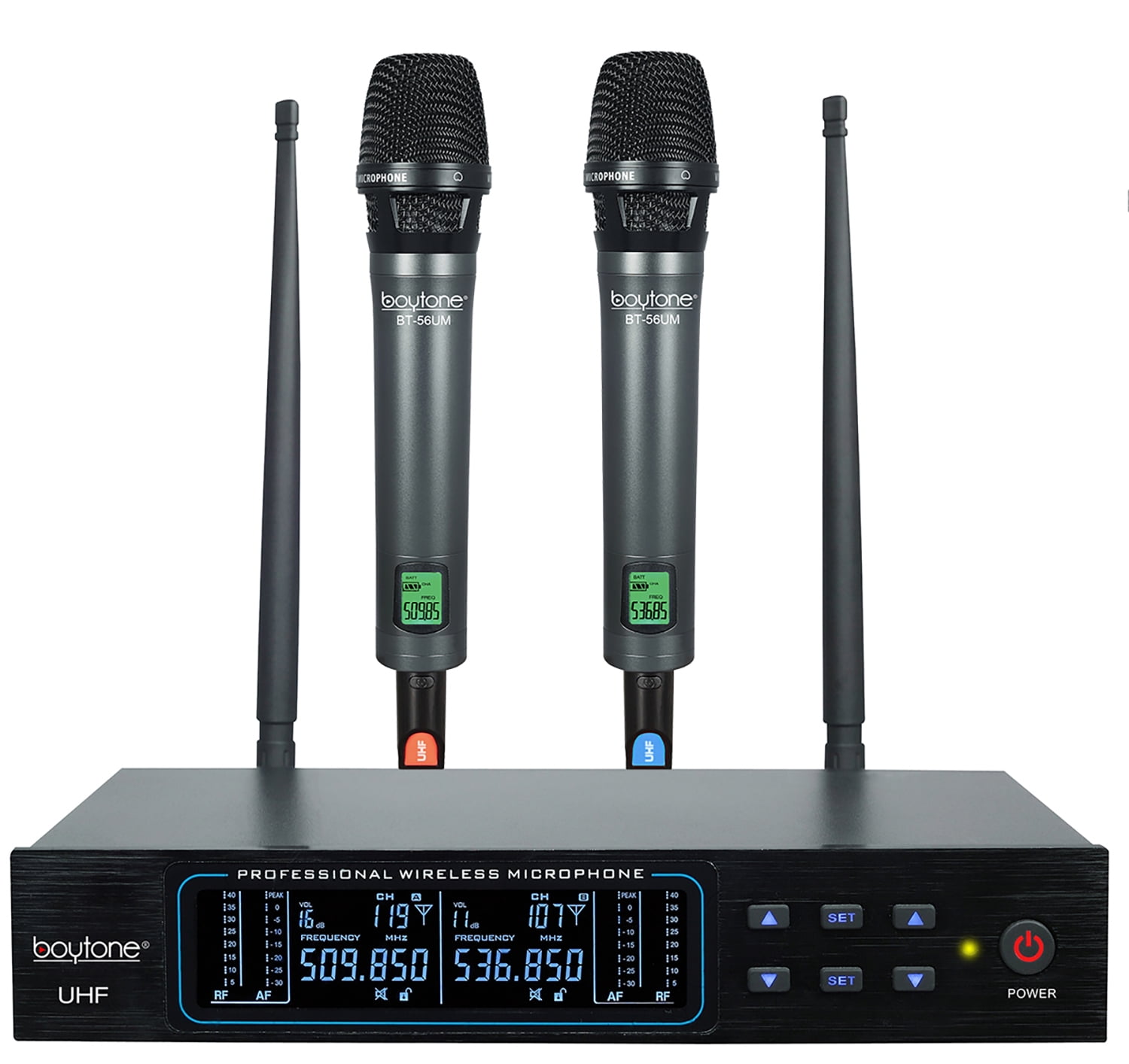Boytone BT-56UM 120-Channel Dynamic Dual UHF Wireless Microphone System, Metal Cordless Mic and Base Set, Long Distance 200-240 Ft, 16 Hours Continuous Use for Concert, Studio, Party, Church, Karaoke