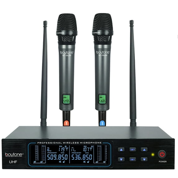 Boytone BT-56UM 120-Channel Dynamic Dual UHF Wireless Microphone System, Metal Cordless Mic and Base Set, Long Distance 200-240 Ft, 16 Hours Continuous Use for Concert, Studio, Party, Church, Karaoke