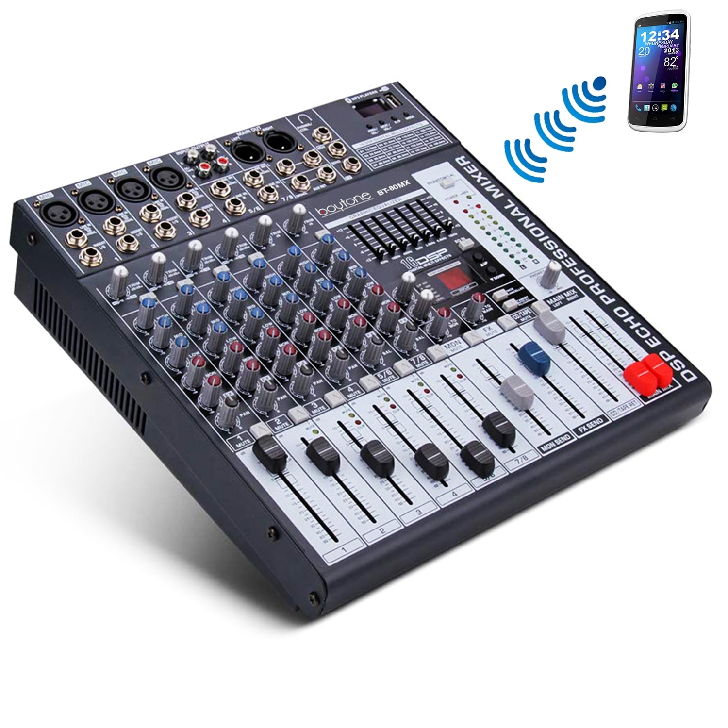 Boytone BT-80MX 8-Channel Bluetooth Studio Audio Mixer DJ Sound Controller, 7 Band Equalizer, 16 Effects, USB Port MP3, XLR Microphone Jack, RCA Input/output, DSP Echo, Headphone Jack, Recording