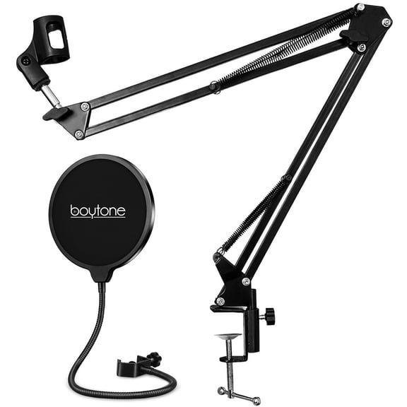 Boytone Bundle Adjustable Microphone Arm Suspension Boom Scissor Arm Stand, Plus Upgraded Microphone Pop Filter Mask Shield, Double Layered, with 3/8" to 5/8" Screw Adapter
