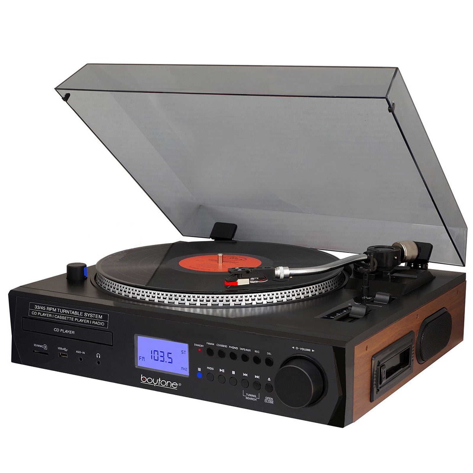 Boytone Fully Automatic Large size Turntable, BT Cord free, built in 2  Stereo speaker S-Shaped Tone Arm with Adjustable Counterweight & pitch  control,