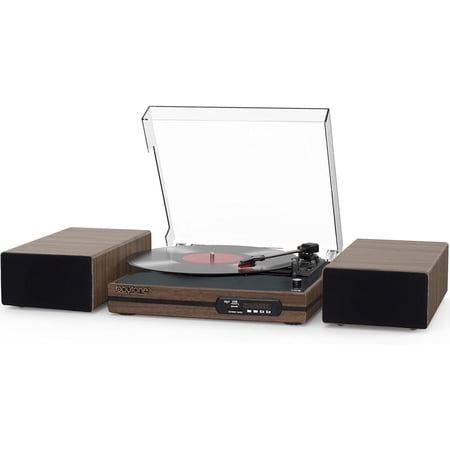 Boytone Vinyl Record Player with Dual Stereo Bookshelf Speakers Vintage Turntable with Bluetooth Wireless Playback Belt Drive 3-Speed Playback Record Player Support RCA Out Auto Stop USB SD, FM Radio