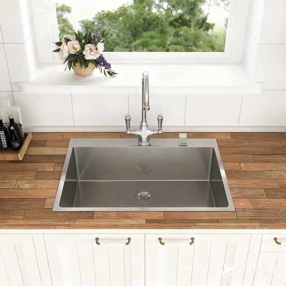 Boyuevi 33 Inch Topmount Sink - 33" x 22" x 9" Drop in Stainless Steel Kitchen Sink 16 Gauge 9 Inch Deep Single Bowl Kitchen Sink Basin, Includes Drain Assembly (No Additional Accessories)