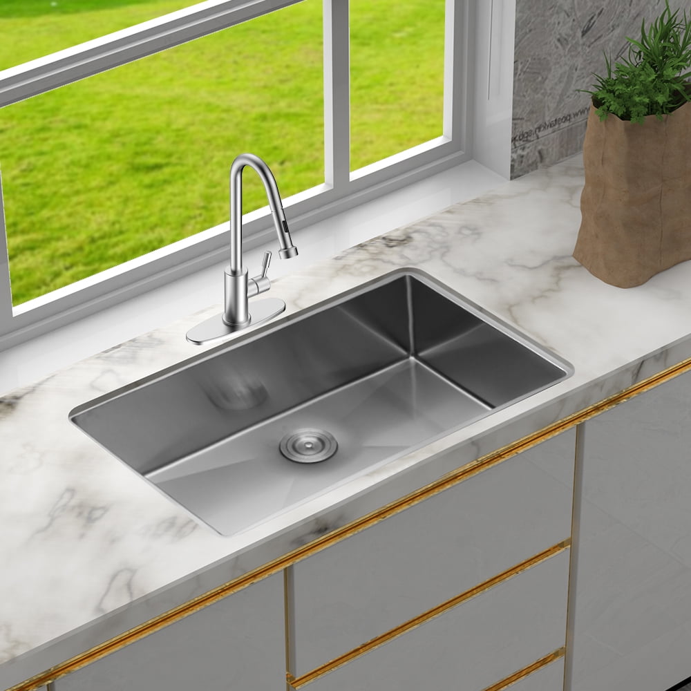 Boyuevi 33 Inch Undermount Sink - 33" x 19" x 9" Undermount Stainless Steel Kitchen Sink 16 Gauge 9 Inch Deep Single Bowl Kitchen Sink Basin, Includes Drain Assembly (No Additional Accessories)