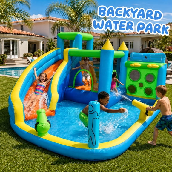 Boyuevi Inflatable Water Slide, 12*13*7ft Outdoor Playhouse Inflatable Water Park with 450W Blower, Climbing Wall, Water Sprayer, Splash Pool, Basketball Hoop for Kids Outdoor Backyard