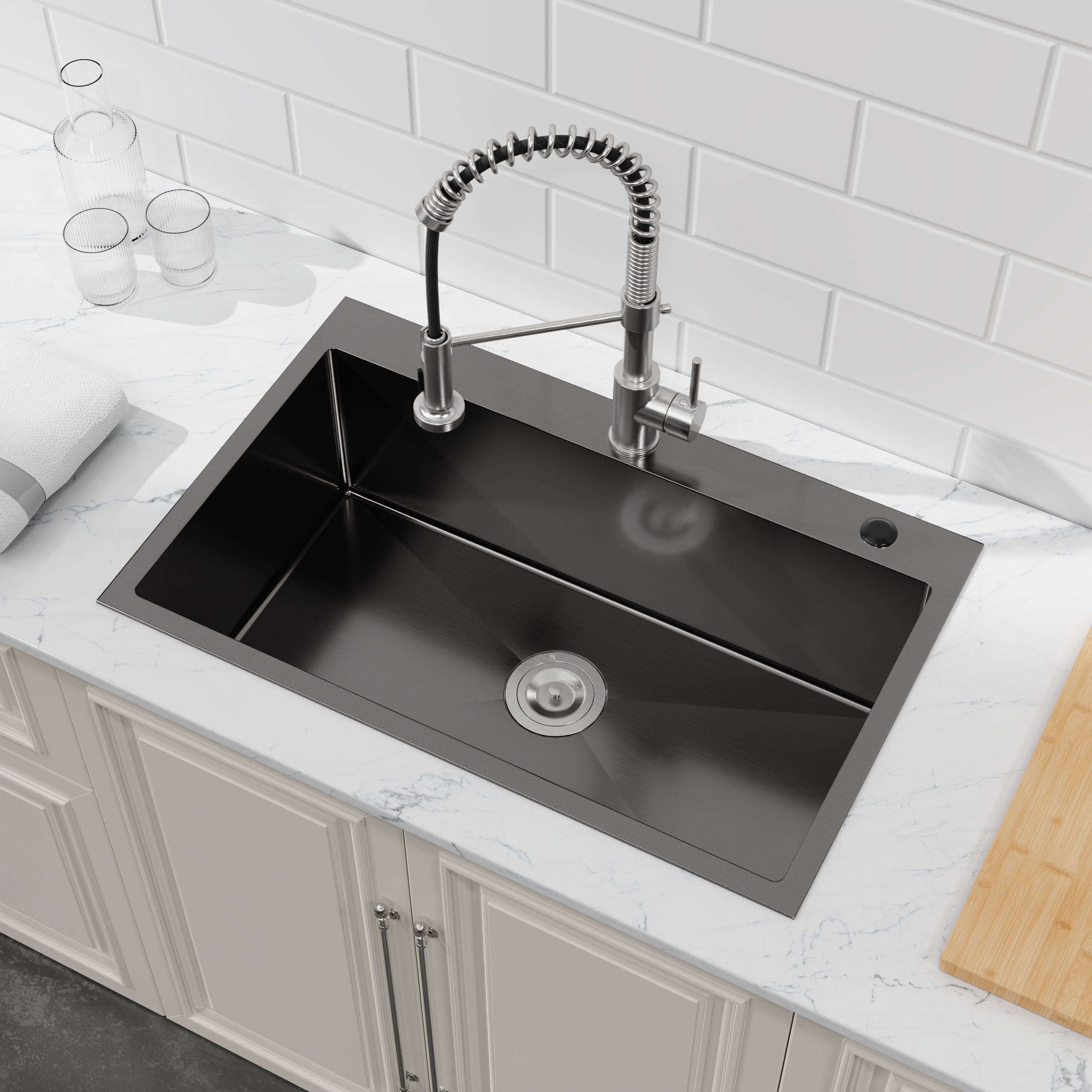 Boyuevi Stainless Steel Kitchen Sink, 30″x19″ Single Bowl, Overmount Handmade Sink in Black, with US Standard Drain and Hook
