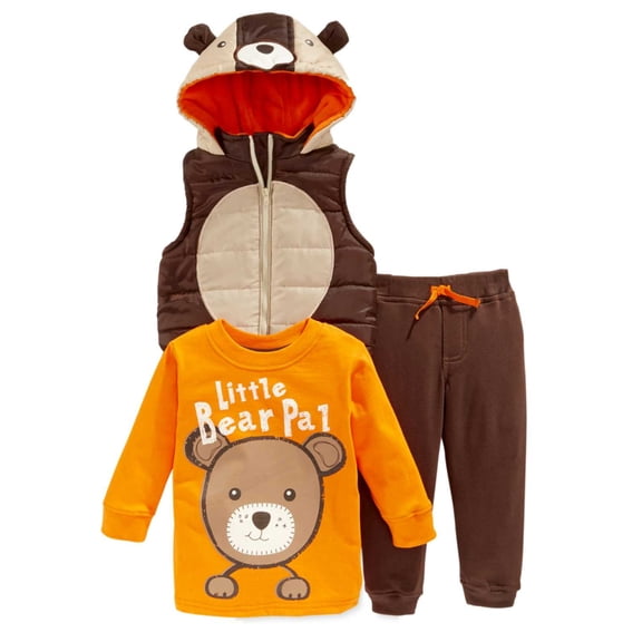 Boyz Wear Infant Boys 3-Piece Bear Pal Outfit Hooded Vest Shirt & Pants Set 18m