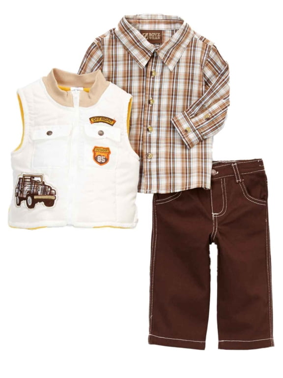Infant Boys 3PC BAby Outfit Off Road Vest Plaid Shirt & Pants Set 18m