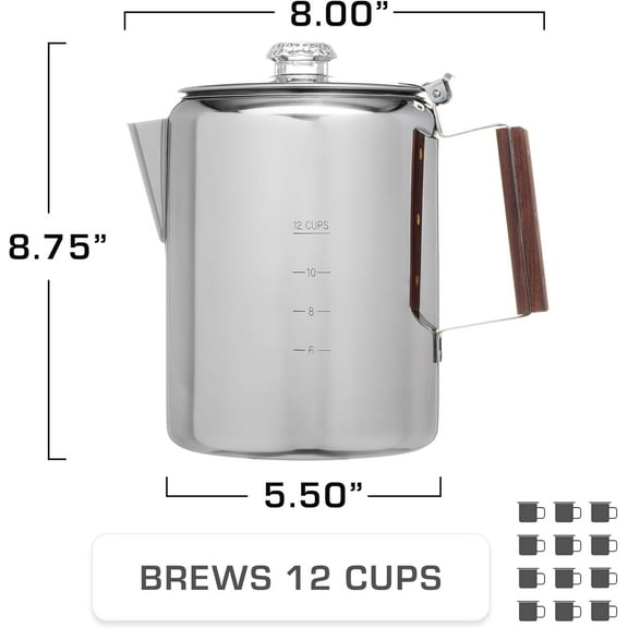 Bozeman Percolator Coffee Pot — NO Aluminum or Plastic [12 cup]