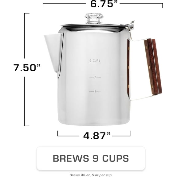 Bozeman Percolator Coffee Pot — NO Aluminum or Plastic [9 cup]