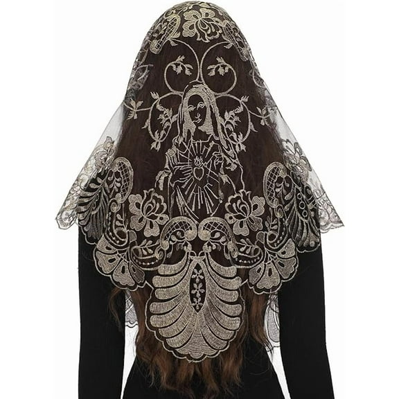 Bozidol Spanish Catholic Lace Veil - Virgin Mary Embroidery Church Mantilla Chapel Mass Scarf Prayer Veil with Hairclips