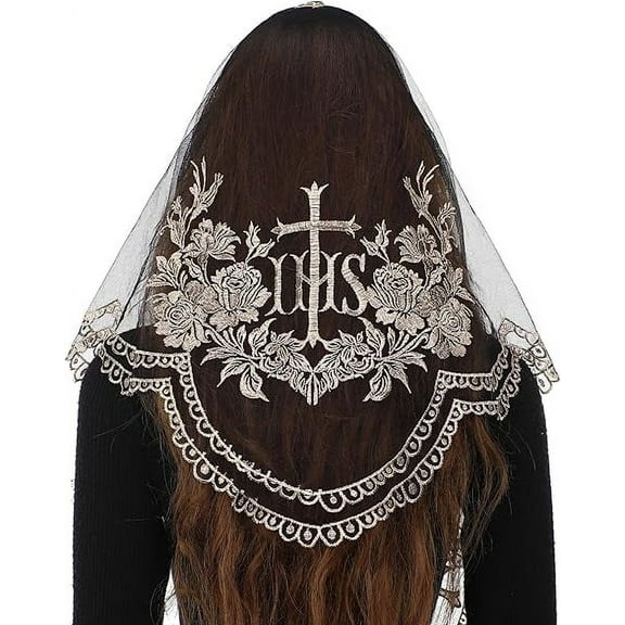 Bozidol Triangular Catholic Lace Veil - Christian Church Cross Flower Embroidery Simple Women's Veil