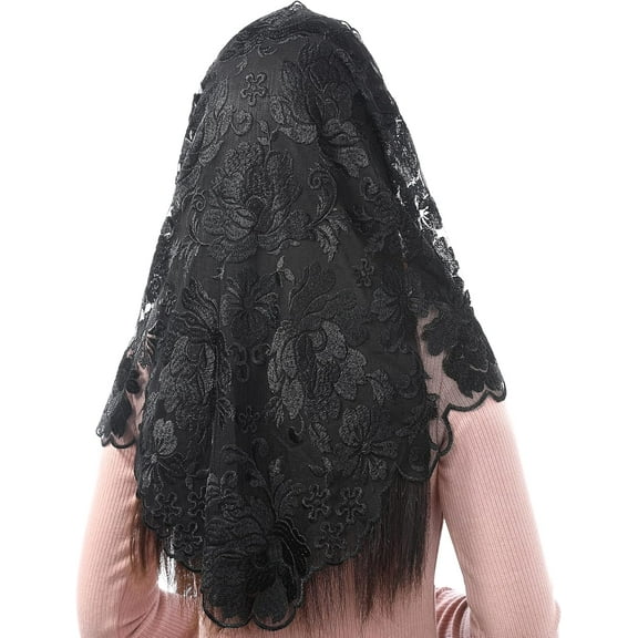 Bozidol Women's Catholic Mass Mantilla Veils - Peony Embroidery Spanish Style Triangle Head Covering Lace Veils for Church