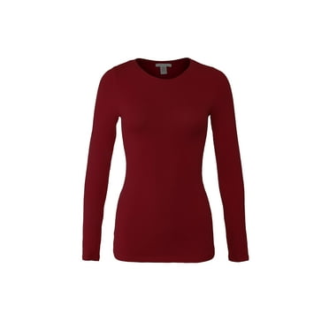 Bozzolo Women's RT1200 Basic Round Neck Long Sleeve T Shirt Top Burgundy L