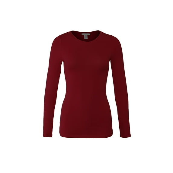 Bozzolo Women's RT1200 Basic Round Neck Long Sleeve T Shirt Top Burgundy L