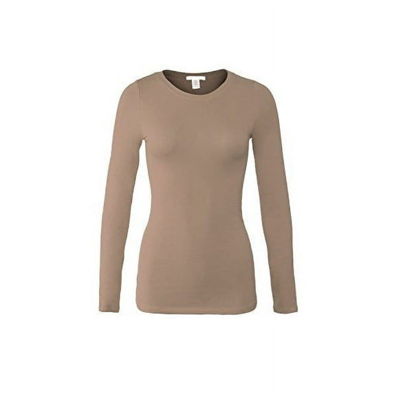 Bozzolo Women's RT1200 Basic Round Neck Long Sleeve T Shirt Top Cocoa L