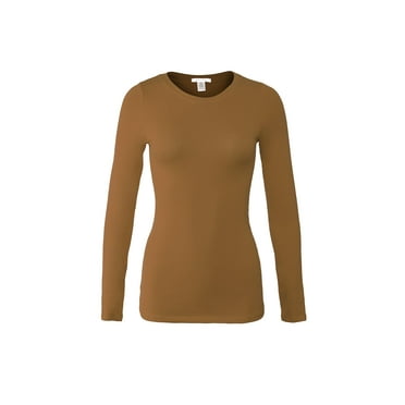 Bozzolo Women's RT1200 Basic Round Neck Long Sleeve T Shirt Top Mocha S