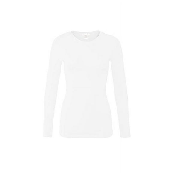Bozzolo Women's RT1200 Basic Round Neck Long Sleeve T Shirt Top White L