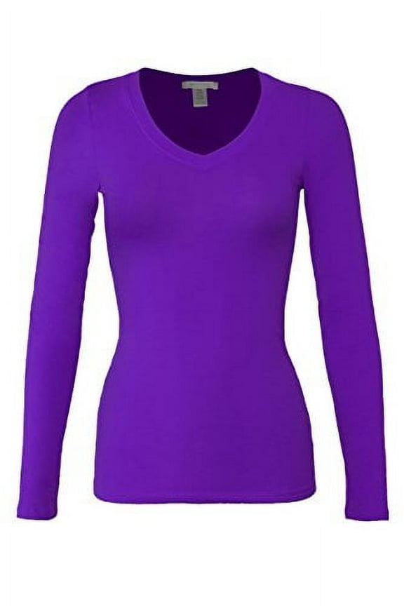 Women's RT1201 Basic V-Neck Long Sleeve T Shirt Top D.Purple S