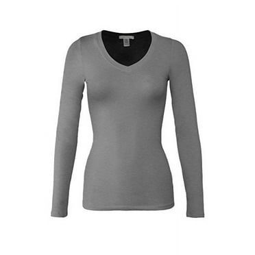 Bozzolo Women's RT1201 Basic V-Neck Long Sleeve T Shirt Top Mh Grey L