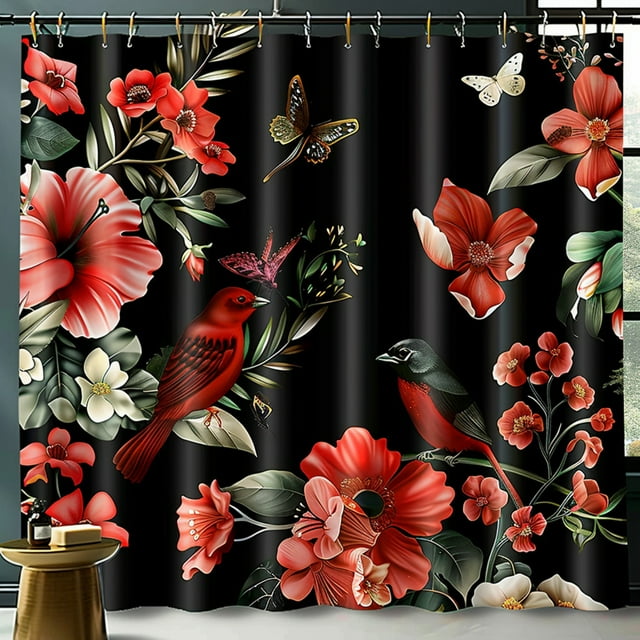 Bpagination Red Flowers and Birds Shower Curtain with Butterfly