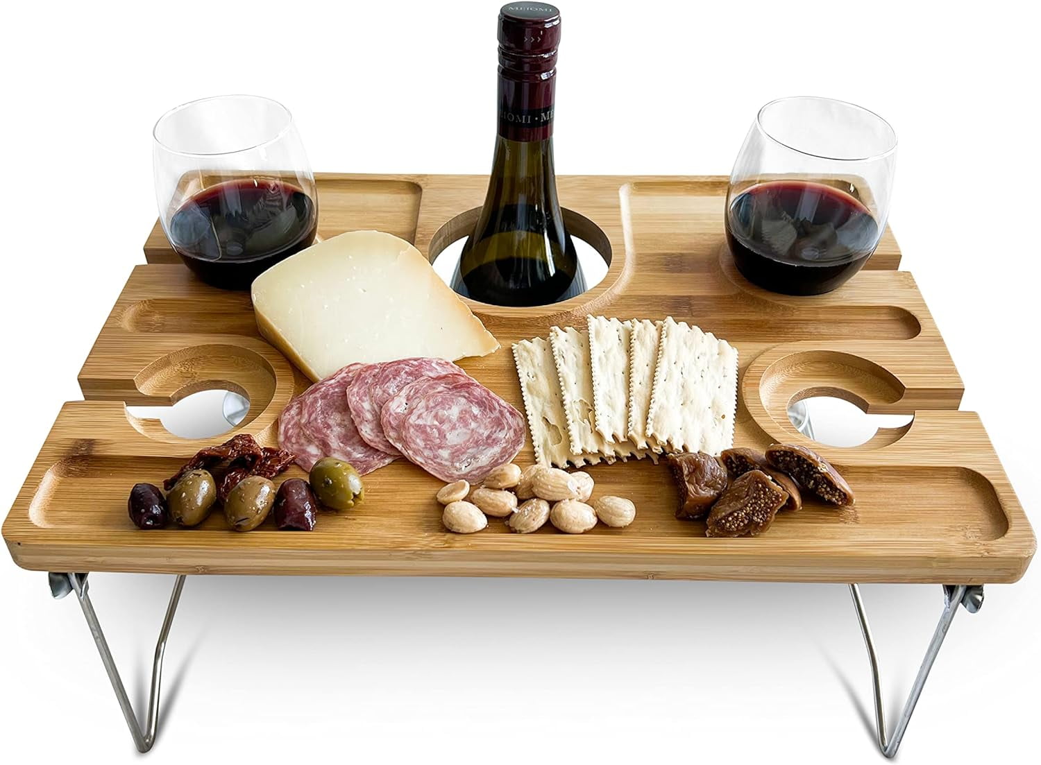 Bpc Large Folding Bamboo Picnic Table with 4 Wine Glasses Holder, Oak