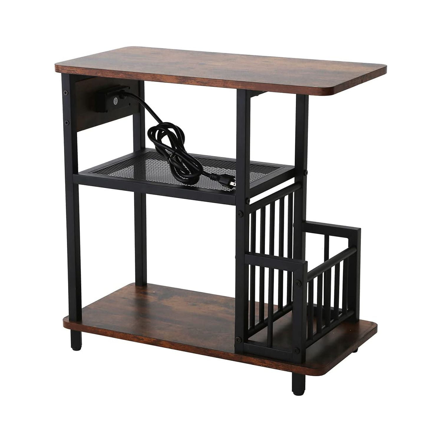 Brown Particle Board and Iron Side Table with USB Ports and Storage