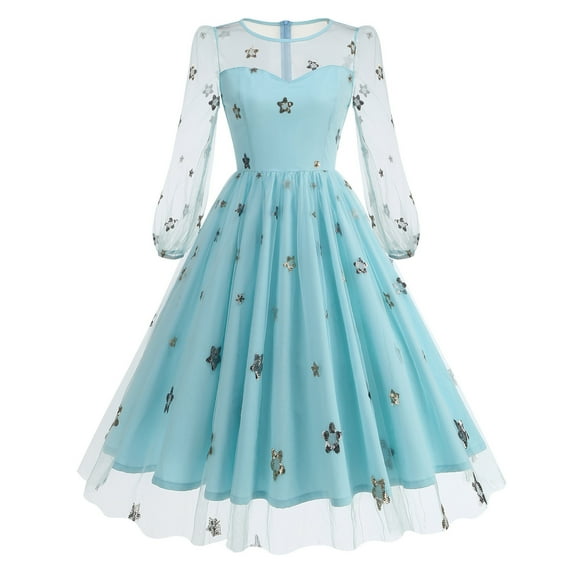 Bpmpbo 1950's Dresses for Women Vintage, Gothic Crewneck Long Sleeve Dress, Formal Stretch Slim High Waist Swing Dress, Printed Party Dress