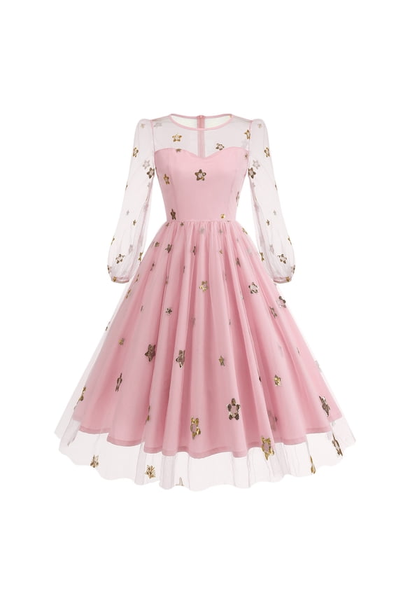 1950's Dresses for Women Vintage, Gothic Crewneck Long Sleeve Dress, Formal Stretch Slim High Waist Swing Dress, Printed Party Dress