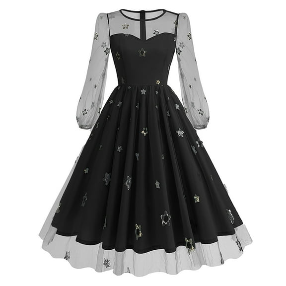 Bpmpbo 1950's Dresses for Women Vintage, Gothic Crewneck Long Sleeve Dress, Formal Stretch Slim High Waist Swing Dress, Printed Party Dress