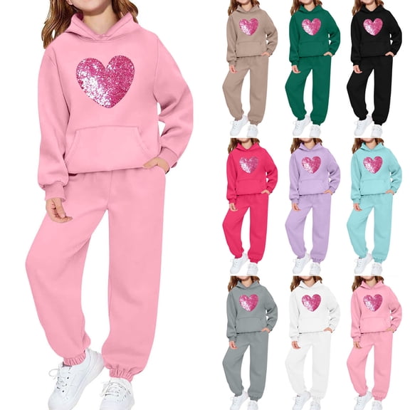 Bpmpbo Big Kids Girls‘ Tracksuit - Heart Print Hoodie and Joggers 2-Piece Set Long Sleeve with Pocket and Drawstring Pants