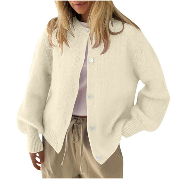 Bpmpbo Cardigan Sweaters for Women, Trendy Long Sleeve Round Neck Solid Color Button Up Knit Sweater Fall Clothes