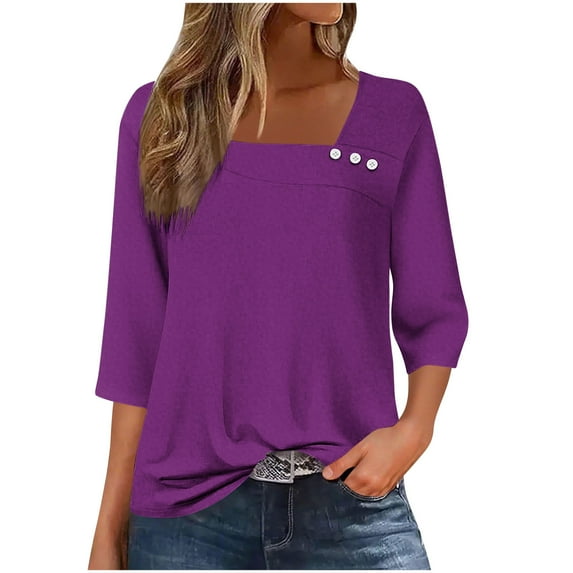 Bpmpbo Fall 3/4 Sleeve Shirt for Women Fashion Square Collar Buttons Blouse Loose Fit Comfy Pullover Breathable Solid Color Tunic Tops