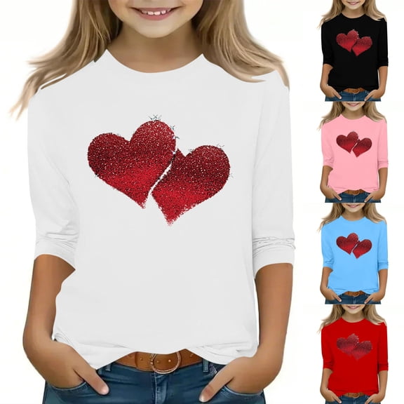 Bpmpbo Girls' 3/4 Sleeve Valentine T-Shirt Heart Print Round Neck Pullover Casual Top for Big Kids