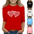 thumbnail image 1 of Bpmpbo Girls' 3/4 Sleeve Valentine T-Shirt Heart Print Round Neck Pullover Casual Top for Big Kids, 1 of 5