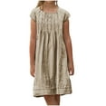 thumbnail image 1 of Bpmpbo Girls Dress Short Sleeve Knee-length Dresses for 6-15 Years Chest Pleated Loose Round Neck Solid Dress, 1 of 5