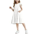 thumbnail image 1 of Bpmpbo Girls Shirt Dress Knee-length Dresses 4-14 Years Short Sleeve A Line Dress Flying Sleeve Round Neck Solid Dress with Pockets, 1 of 6