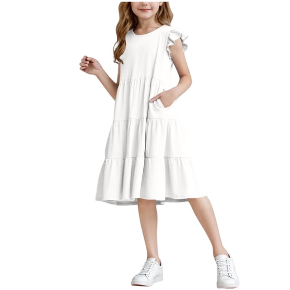Bpmpbo Girls Shirt Dress Knee-length Dresses 4-14 Years Short Sleeve A Line Dress Flying Sleeve Round Neck Solid Dress with Pockets