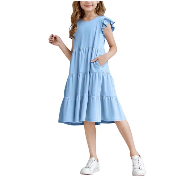 Bpmpbo Girls Shirt Dress Knee-length Dresses 4-14 Years Short Sleeve A Line Dress Flying Sleeve Round Neck Solid Dress with Pockets