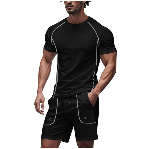 Bpmpbo Gym Clothes Workout Shorts and Short Sleeve Shirts for Men Running Fit Athletic Outfits Sets,Summer Men's Breathable Sports Set Solid Color Short Sleeved Round Neck Top/shirt Set