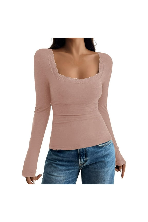 Long Sleeve Shirts for Women Slim Fitted Low Crewneck Tees Tight Basic Tops Womens Tops