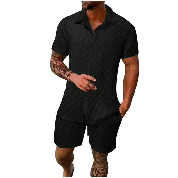 Bpmpbo Men's 2 Piece Outfit Casual Short Sleeve Shirt Beach Summer Loose Pant Sets,Men Solid Turn-down Collar Short Sleeve Collar Set Blouse and Pants Suit