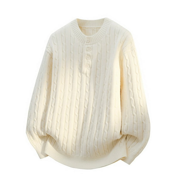 Bpmpbo Men's Cable Knit Sweater with Button Detail Solid Color Crewneck Pullover Warm Stretch Long Sleeve Top